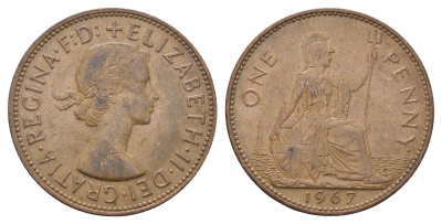 Великобритания 1 пенни 1967 Елизавета II (1952-2022) KM 897, Spink 4157 бронза 4661-1026