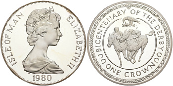 Остров Мэн 1 крона 1980 200 лет дерби, ипподромные скачки, в оригинальной коробке, с сертификатом KM 63а серебро PROOF 3-4-4-20