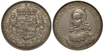 Латвия медаль 1643 Увенчанный поясной портрет Кристины. 40,12 мм; 22,61 г. Хильдебранд I, стр. 262, 14 a. RR серебро 10-002-63