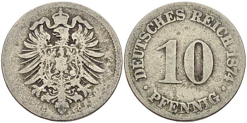 ГЕРМАНИЯ 10 ПФЕННИГОВ 1874 C, СТАРОГЕРБОВКА KM 4, J. 4 медно-никель 4401-236