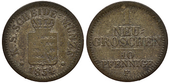 Саксония 1 новый грош - 10 пфеннигов 1854 Фридрих Август II (1797-1854) KM 1159, J. 82 серебро 75-133