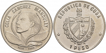 Куба 1 песо 1990 Селия Санчес Мандулей, кубинская революционерка KM 340 медно-никель UNC M12-19