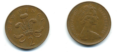 Великобритания 2 пенса 1971 Елизавета II (1952-2022) КМ 916, Spink 4235 (C1) бронза 4110-644