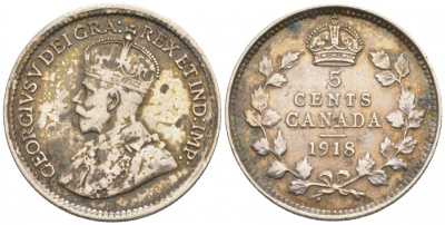 Канада 5 центов 1918 Георг V (1910-1936) KM 22 серебро 44-126