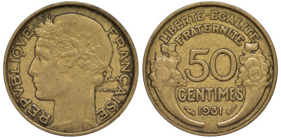 Франция 50 сантимов 1931 KM 894.1 алюминиевая бронза 4164-217