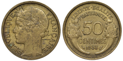 Франция 50 сантимов 1938 тип Morlon KM 894.1, Le Franc 192.14 алюминиевая бронза 4124-347