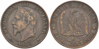 ФРАНЦИЯ 5 САНТИМОВ 1862 BB, НАПОЛЕОН III (1852-1870) KM 797.2, LE FRANC 117.6 бронза 108-526
