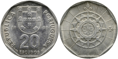 ПОРТУГАЛИЯ 20 ЭСКУДО 1987 INCM KM 634.1 медно-никель 65-1127