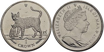 Остров Мэн 1 крона 2002 кошка и котенок КМ 1122 медно-никель UNC M92-13