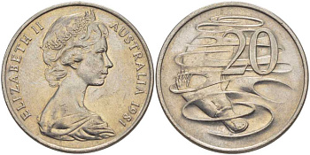 АВСТРАЛИЯ 20 ЦЕНТОВ 1981 ЕЛИЗАВЕТА II, МОЛОДОЙ ПОРТРЕТ, УТКОНОС KM 66 медно-никель 38-723