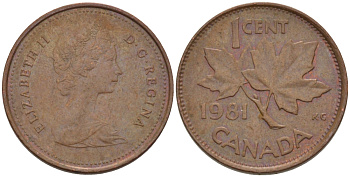 Канада 1 цент 1981 Елизавета II (1952-2022), кленовый лист KM 127 бронза 176-836
