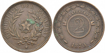 ПАРАГВАЙ 2 СЕНТЕСИМО 1870 KM 3 медь 1517-722