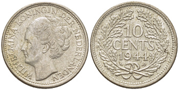 Нидерланды 10 центов 1944 Вильгельмина (1890-1948) KM 163 серебро aUNC 4392-445