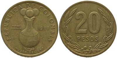 Колумбия 20 песо 1987 KM 271 алюминиевая бронза 4529-931