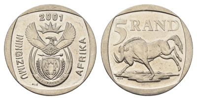 ЮАР 5 рандов 2001 новый тип KM 229 медь плакированная никелем 4693-421