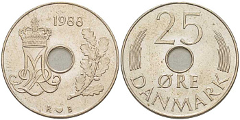 ДАНИЯ 25 ЭРЕ 1988 R; B, МАРГРЕТЕ II (1972-) KM 861.3 медно-никель 94-1033