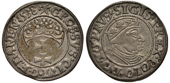 Данциг 1 грош 1538 Сигизмунд I Старый (1506-1548), вес 1,89 гр. серебро 1516-1434