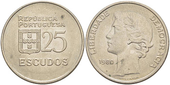 Португалия 25 эскудо 1980 первый год KM 607а медно-никель 4545-811