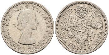 Великобритания 6 пенсов 1954 Елизавета II (1952-2022) KM 903, Spink 4149 медно-никель 4588-1233