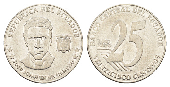 Эквадор 25 сентаво 2000 год-тип KM 107 нержавеющая сталь 4663-355