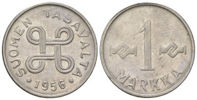 Финляндия 1 марка 1956 KM 36a сталь плакированная железом 4173-1121