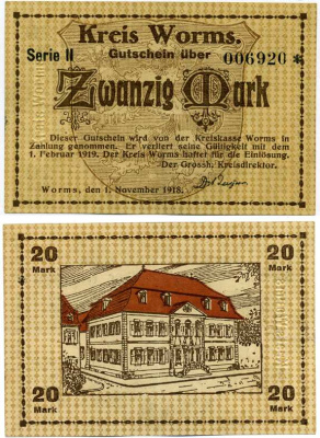 ВОРМС, ГЕРМАНИЯ 20 МАРОК 1918-1919 1 НОЯБРЯ 1918 - 1 ФЕВРАЛЯ 1919, НОТГЕЛЬД, ЗЕМЛЯ РЕЙЛЯНД-ПФАЛЬЦ, СЕРИЯ II, НОМЕР СО ЗВЁЗДОЧКОЙ Geiger 570.02а бумага аUNC 8613-17-2-2