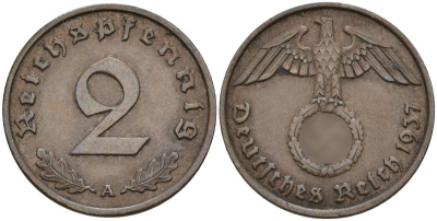 Германия 2 рейхспфеннига 1937 A KM 90, J. 362 бронза 4147-1252
