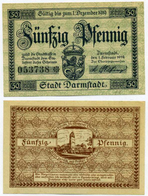 Германия, Дармштадт 50 пфеннигов 1919 1 Февраля 1919 - 1 декабря 1919, нотгельд, земля Гессен, номер серии черный Grabowski D5.3а  бумага  UNC (пресс) 8613-19-2-1