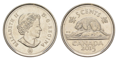 Канада 5 центов 2015 Leaf, Елизавета II (1952-2022), бобр KM 491 сталь плакированная никелем UNC 4630-812