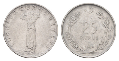Турция 25 курушей 1964 KM 892.2 нержавеющая сталь 4673-847