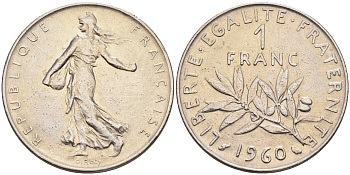 Франция 1 франк 1960 сеятель KM 925.1, LE FRANC 226.4 никель    4177-227