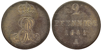 Ганновер 2 пфеннига 1841 A, Эрнст Август (1837-1851) KM 174.1, AKS 122, J. 55 медь 75-1721