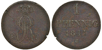Ганновер 1 пфенниг 1841 S, Эрнст Август (1837-1851) KM 173.3, AKS 128, J. 54 медь 72-1159