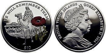 Британские Виргинские острова 10 долларов 2014 в память героев первой мировой войны, солдат верхом на верблюде, красный мак KM NEW серебро, эмаль  PROOF 1071-1-42