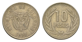 Колумбия 10 песо 1989 KM 281 медь цинк никель 4627-825