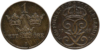 Швеция 1 эре 1940 Густав V (1907-1950) KM 777.2 бронза 201-1138