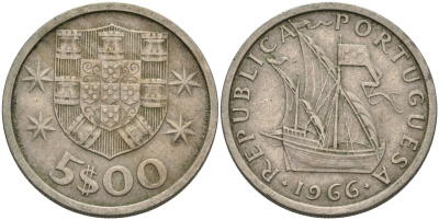 Португалия 5 эскудо 1966 Парусник KM 591 медно-никель 4575-234