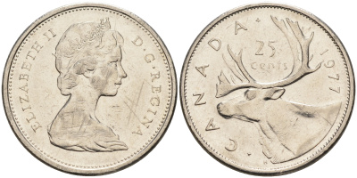 Канада 25 центов 1977 Елизавета II (1952-2022), олень карибу KM 62b никель 4150-451