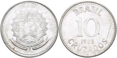 Бразилия 10 крузадо 1988 реформа 1986-1989 KM 607 нержавеющая сталь 177-945