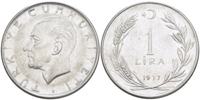 Турция 1 лира 1977 Мустафа Кемаль Ататюрк KM 889а.2 нержавеющая сталь 4529-1231