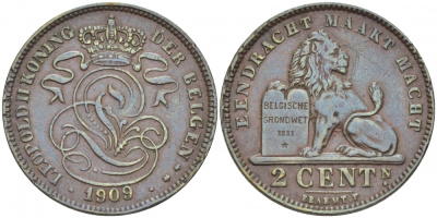 БЕЛЬГИЯ 2 САНТИМА 1909 BELGEN KM 36 медь 110-157