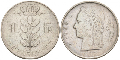 БЕЛЬГИЯ 1 ФРАНК 1950 BELGIQUE KM 142.1 медно-никель 68-627