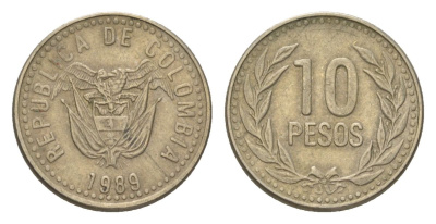 Колумбия 10 песо 1989 KM 281 медь цинк никель 4627-825