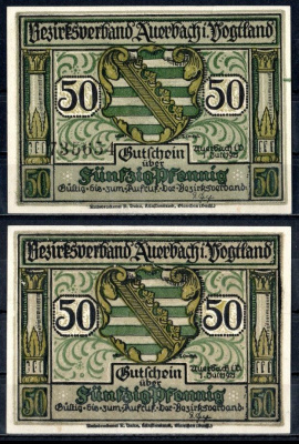 Ауэрбах-им-Фогтланд (Саксония) 50 пфеннигов 1921 Mehl Grabowski 53.1a-1.1 бумага UNC (пресс) 7556-40-2-2