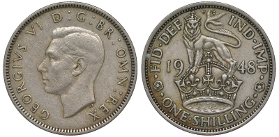Великобритания 1 шиллинг 1948 Георг VI (1936-1952), Английский герб KM 863, Spink 4103 медно-никель 4128-736