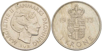 ДАНИЯ 1 КРОНА 1973 S; B, МАРГРЕТЕ II (1972-) KM 862.1 медно-никель 117-452