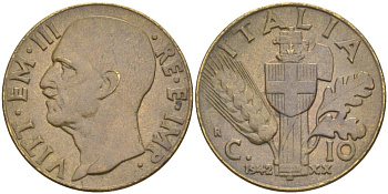 ИТАЛИЯ 10 ЧЕНТЕЗИМО 1942 R, ГОД XX, ВИКТОР ЭММАНУИЛ III (1900-1946) KM 74a, VEM3. 0987 алюминиевая бронза 3853-252