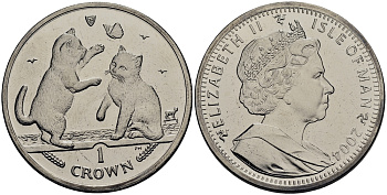 Остров Мэн 1 крона 2004 котята с бабочкой КМ 1246.2 медно-никель UNC M92-15