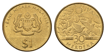 Малайзия 1 ринггит 1987 30 лет Независимости KM 43 латунь UNC 4671-1224