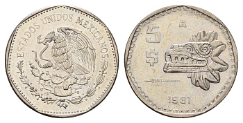 Мексика 5 песо 1981 Мо, бог Кетцалькоатцаль (пернатый змей) KM 485 медно-никель UNC 217-344